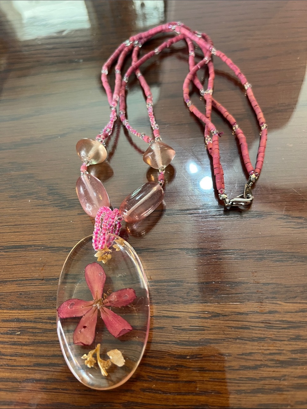 Pink Floral Resin Pendant Necklace by